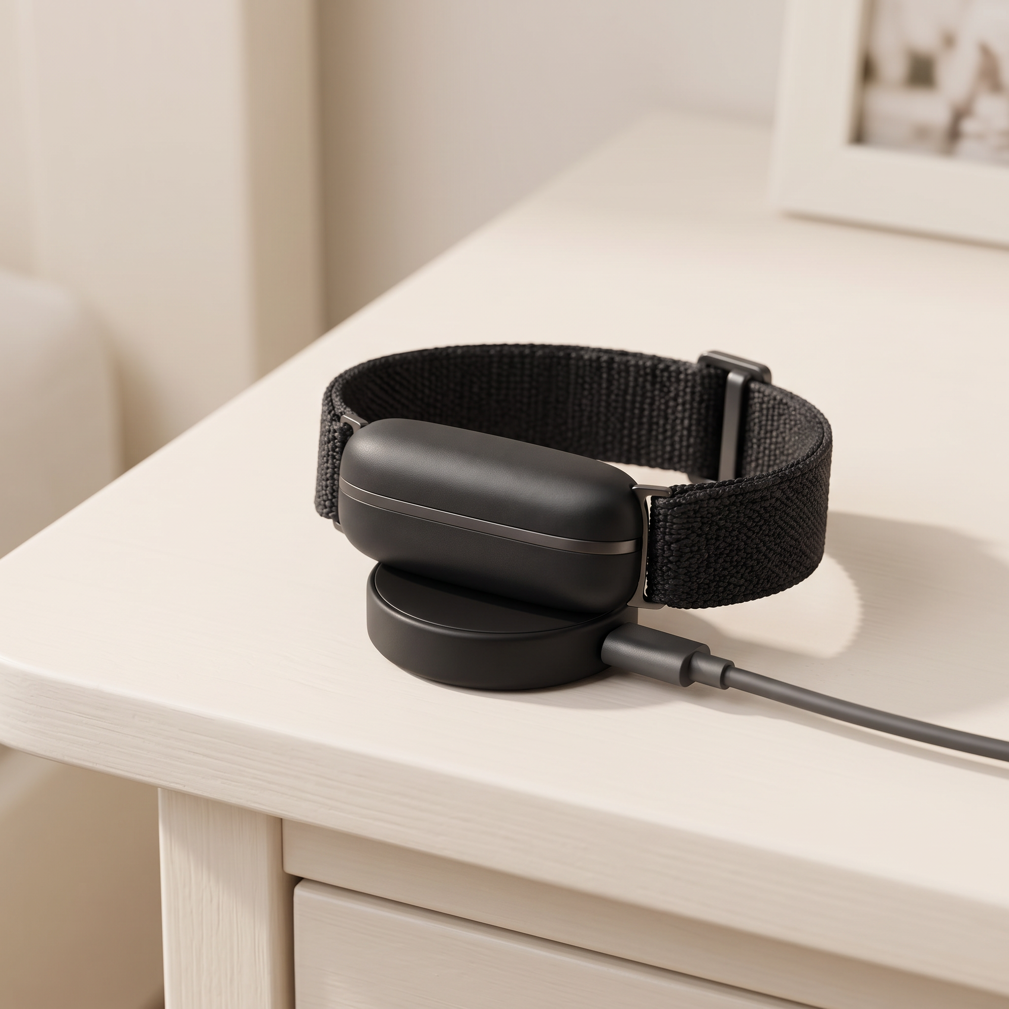 ARC Band resting on its charging puck on a bedside table
