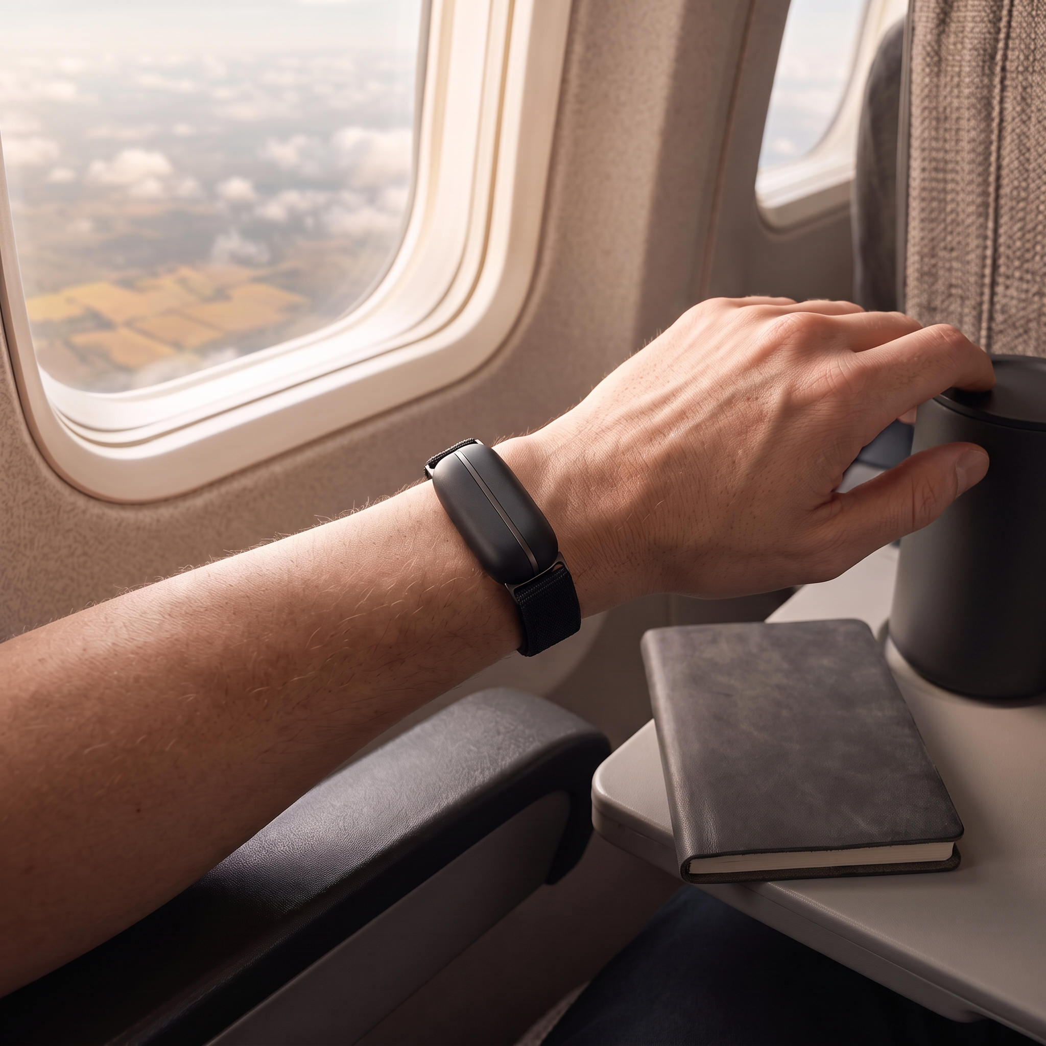 Traveler wearing ARC Band by an airplane window