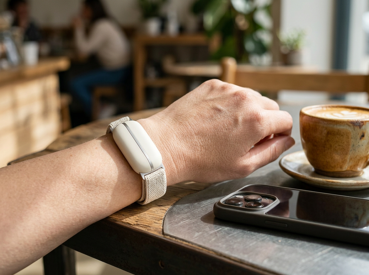 ARC Band in Cloud worn at a cafe table