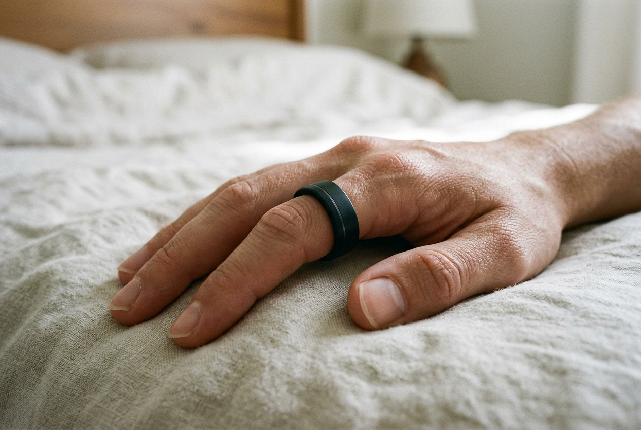 A hand resting on a linen bedsheet wearing the matte black ARC Ring